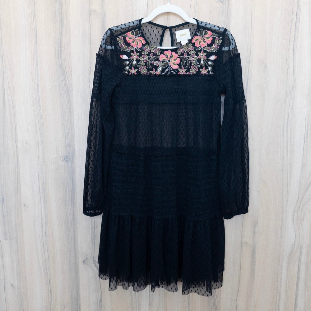 Anthropologie Maeve Sheer Embroidered Mini Dress Small Black Boho Romantic Goth
